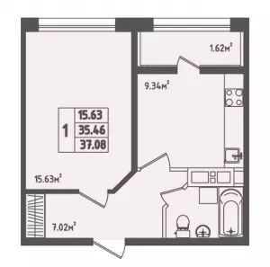 1-комнатная квартира 37.1 ЖК «Мега Победа»