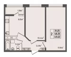 2-х комнатная квартира 49.6 ЖК «Мега Победа»