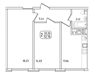 2-х комнатная квартира 52.8 ЖК «Мега Победа»