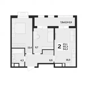 2-х комнатная квартира 54.2 м² в ЖК «Мегасити»