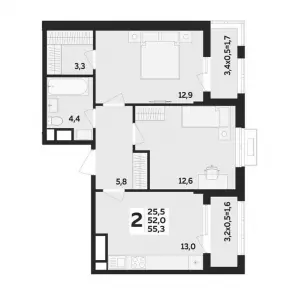 2-х комнатная квартира 55.3 м² в ЖК «Мегасити»