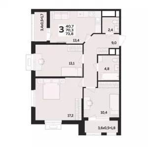 3-х комнатная квартира 73.8 м² в ЖК «Мегасити»