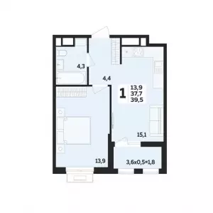 1-комнатная квартира 39.5 м² в ЖК «Мегасити»