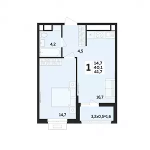 1-комнатная квартира 41.7 м² в ЖК «Мегасити»