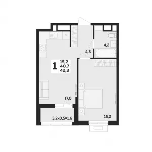 1-комнатная квартира 42.3 м² в ЖК «Мегасити»