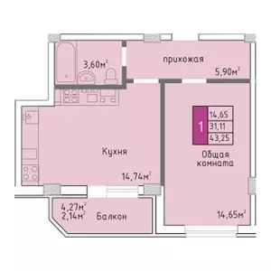 1-комнатная квартира 43.25 ЖК «Молодежный»