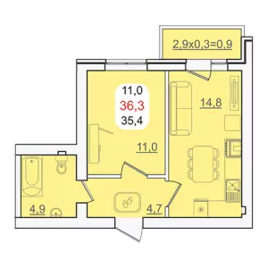 1-комнатная квартира 36.3 ЖК «Мята»