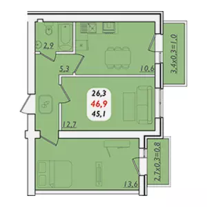 2-х комнатная квартира 46.9 м² в ЖК «Мята»