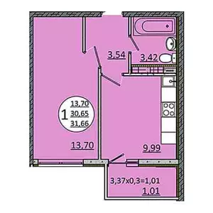 1-комнатная квартира 31.66 ЖК «На Магистральной»