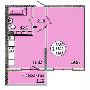 1-комнатная квартира 39.58 ЖК «На Магистральной»