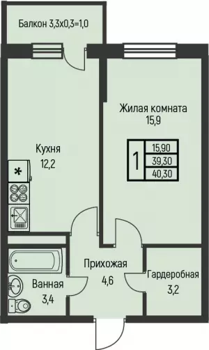 1-комнатная квартира 40.3 ЖК «Nova Vita»