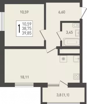1-комнатная квартира 39.85 ЖК «Огурцы»