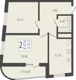 2-х комнатная квартира 56.19 м² в ЖК «Огурцы»