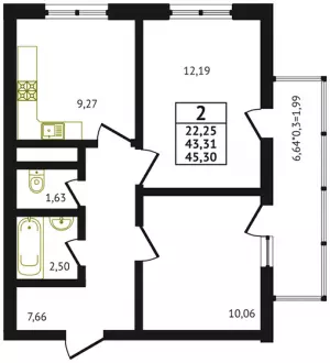 2-х комнатная квартира 45.3 м² в ЖК «Оникс»