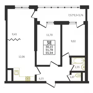 3-х комнатная квартира 55.54 м² в ЖК «Оникс»