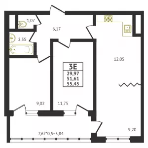 3-х комнатная квартира 55.45 м² в ЖК «Оникс»