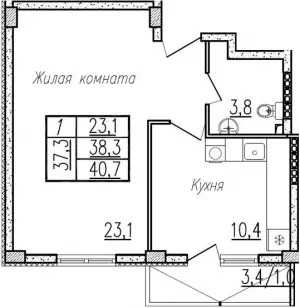 1-комнатная квартира 40.7 м² в ЖК «Отрада»