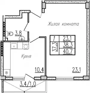 1-комнатная квартира 38.3 м² в ЖК «Отрада»