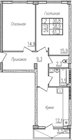 2-х комнатная квартира 61.3 ЖК «Отрада»