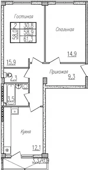 2-х комнатная квартира 58.9 м² в ЖК «Отрада»