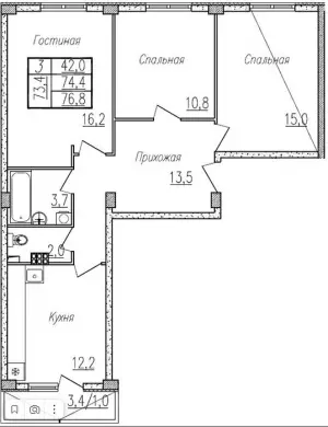 3-х комнатная квартира 73.4 м² в ЖК «Отрада»