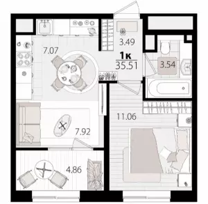 1-комнатная квартира 35.5 м² в ЖК «Патрики»