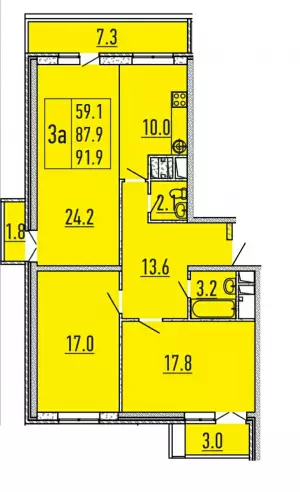 3-х комнатная квартира 91.9 ЖК «Перемена»