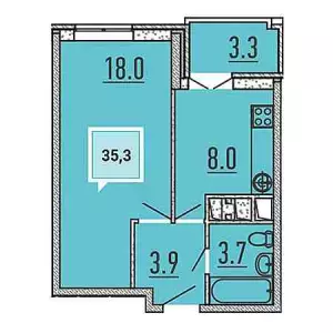 1-комнатная квартира 35.3 м² в ЖК «Перемена»