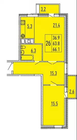 2-х комнатная квартира 66.1 м² в ЖК «Перемена»