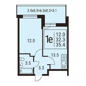 1-комнатная квартира 35.4 м² в ЖК «Победный»