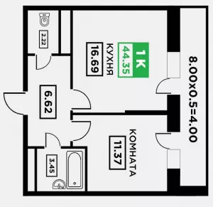 1-комнатная квартира 44.4 ЖК «Поколение»