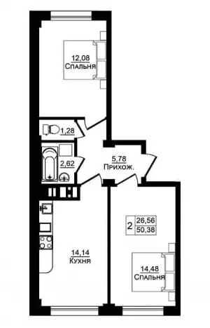 2-х комнатная квартира 50.38 м² в ЖК «Портрет»