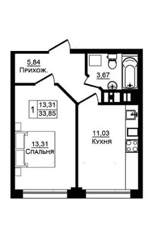 1-комнатная квартира 33.85 м² в ЖК «Портрет»