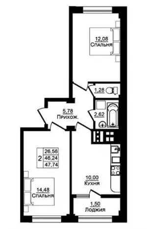 2-х комнатная квартира 47.74 м² в ЖК «Портрет»