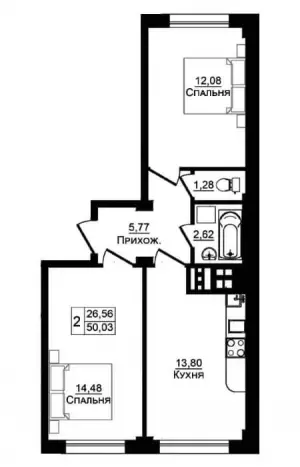 2-х комнатная квартира 50.03 м² в ЖК «Портрет»