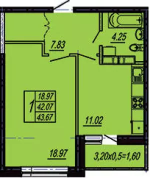 1-комнатная квартира 43.67 ЖК «Поющие Фонтаны»