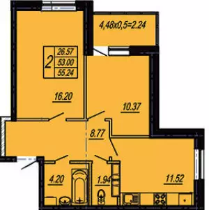 2-х комнатная квартира 55.24 м² в ЖК «Поющие Фонтаны»