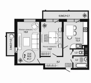 2-х комнатная квартира 61.7 ЖК «Премьера»