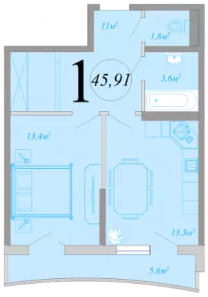 1-комнатная квартира 45.91 м² в ЖК «Радонеж»