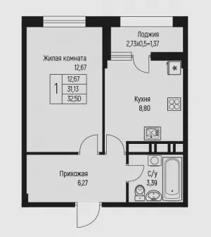 1-комнатная квартира 31.13 ЖК «Ритм»