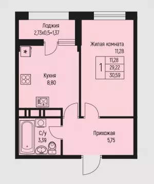 1-комнатная квартира 30.59 ЖК «Ритм»