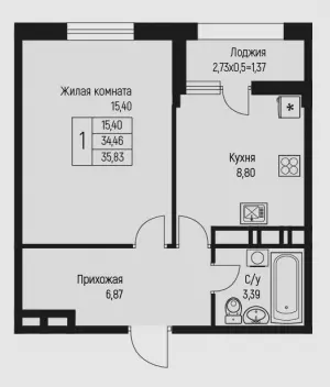 1-комнатная квартира 35.83 м² в ЖК «Ритм»