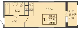 Квартира-студия 30.04 ЖК «Родные просторы»
