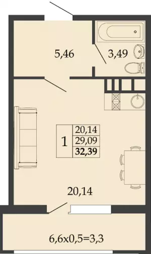 Квартира-студия 32.39 ЖК «Родные просторы»