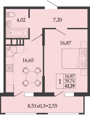 1-комнатная квартира 42.29 ЖК «Родные просторы»