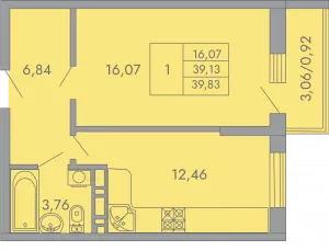 1-комнатная квартира 39.83 м² в ЖК «Рокада»