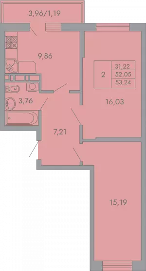 2-х комнатная квартира 53.24 м² в ЖК «Рокада»