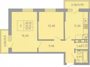 2-х комнатная квартира 57.95 м² в ЖК «Рокада»