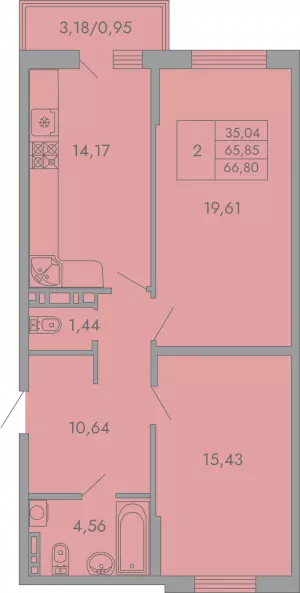 2-х комнатная квартира 66.8 м² в ЖК «Рокада»