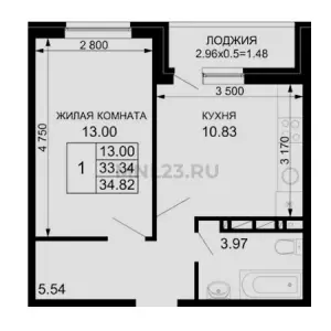 1-комнатная квартира 34.82 ЖК «Новые сезоны»